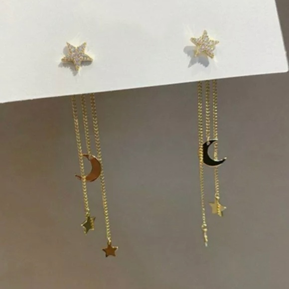 Gold & Crystal Star & Moon Tassel Chain Earrings - Picture 4 of 7
